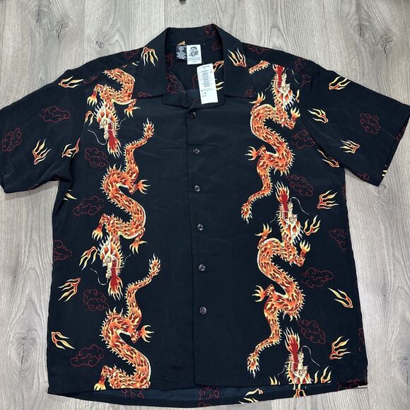 Vintage Y2K KENNINGTON LTD Dragon Button Down Hawaiian Shirt Black Flame NWT XL - Picture 2 of 6